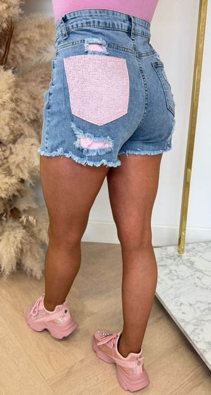 PINK GLITTER POCKET SHORT J035 DENIMBLUE