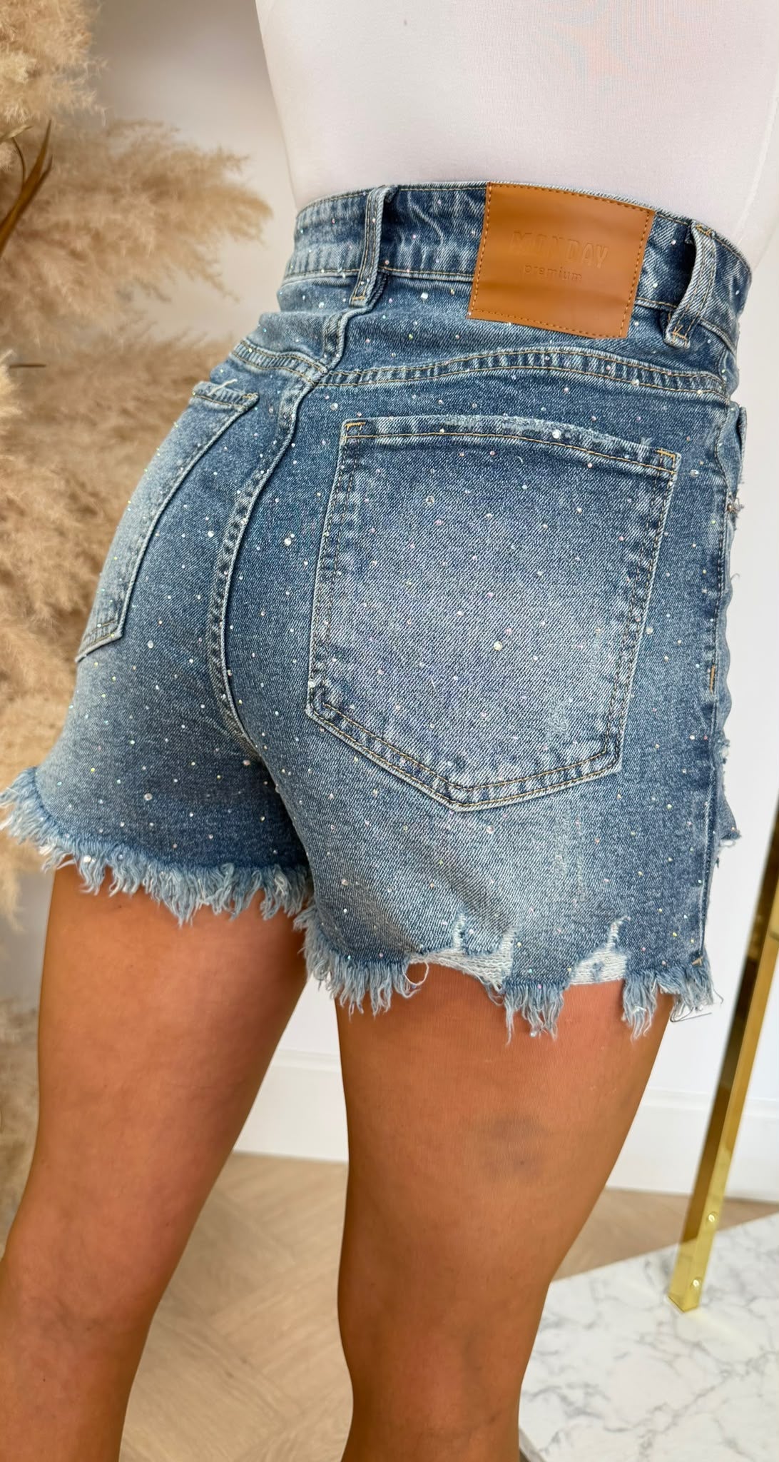 COMFORT DENIM GLITTER DAMAGED SHORT T142 DARKBLUE