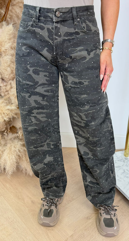 GLITTER CAMO WIDE LEG JEANS T258 ARMY