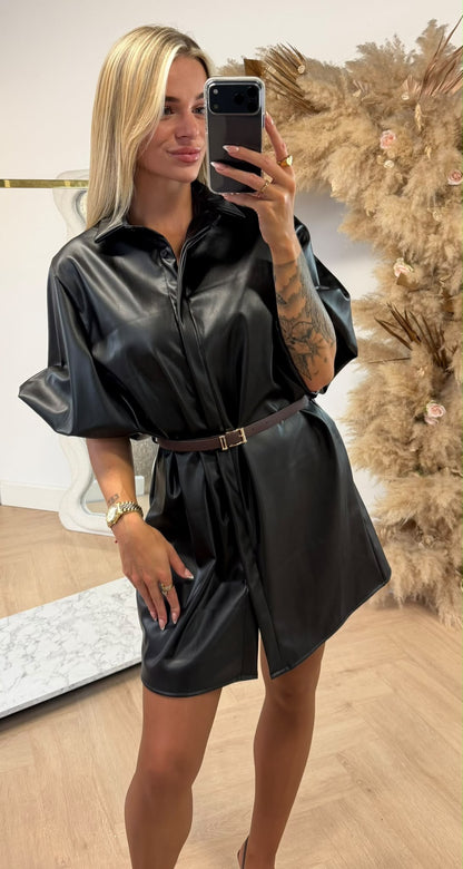 LENA FAKE PU POFMOUW DRESS BLACK