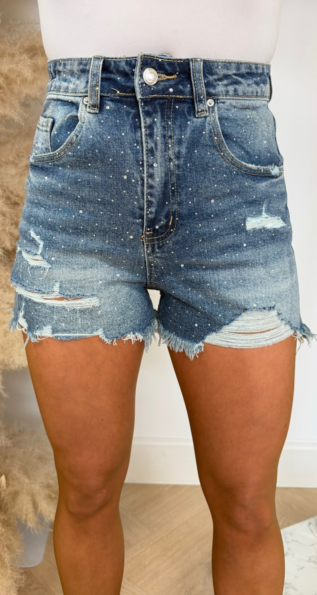 COMFORT DENIM GLITTER DAMAGED SHORT T142 DARKBLUE