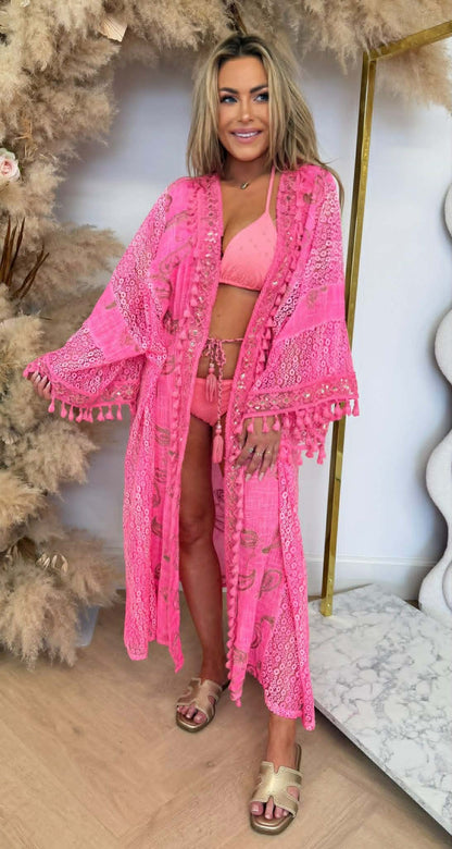 BEACH BIKINI COVER CARDIGAN LONG NEONPINK