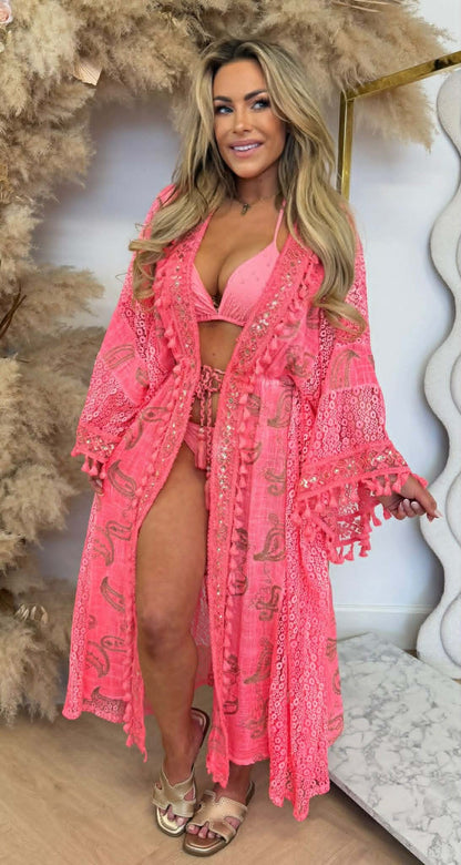 BEACH BIKINI COVER CARDIGAN LONG NEONCORAL