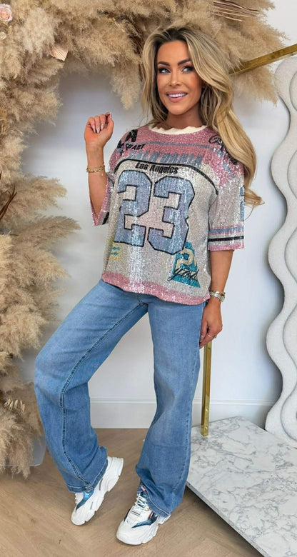 CALIFORNIA 23 PAILLETTEN-T-SHIRT PINK