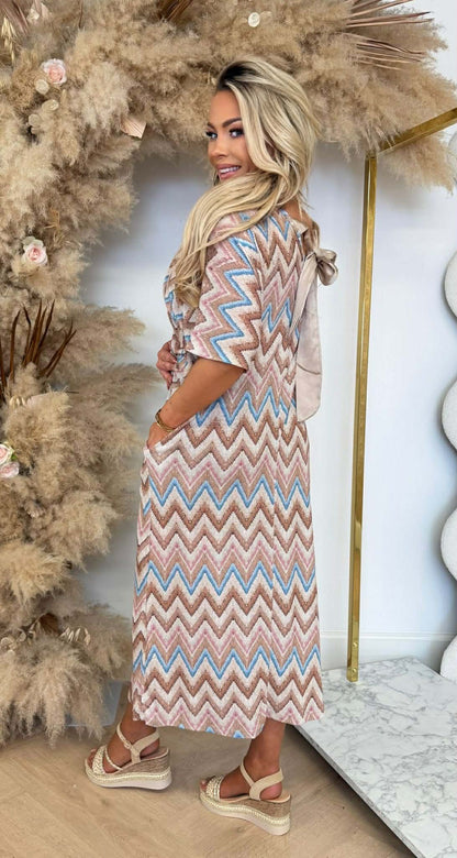 COLORFULL ZIGZAG STRIK DRESS BEIGE