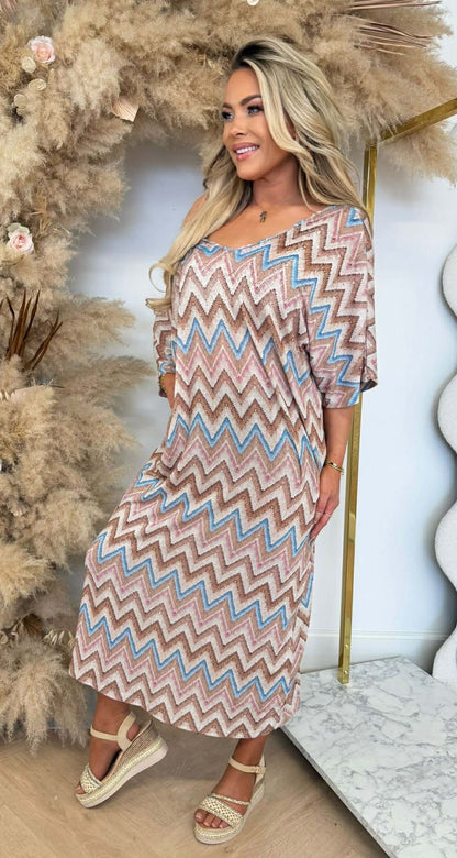 COLORFULL ZIGZAG STRIK DRESS BEIGE