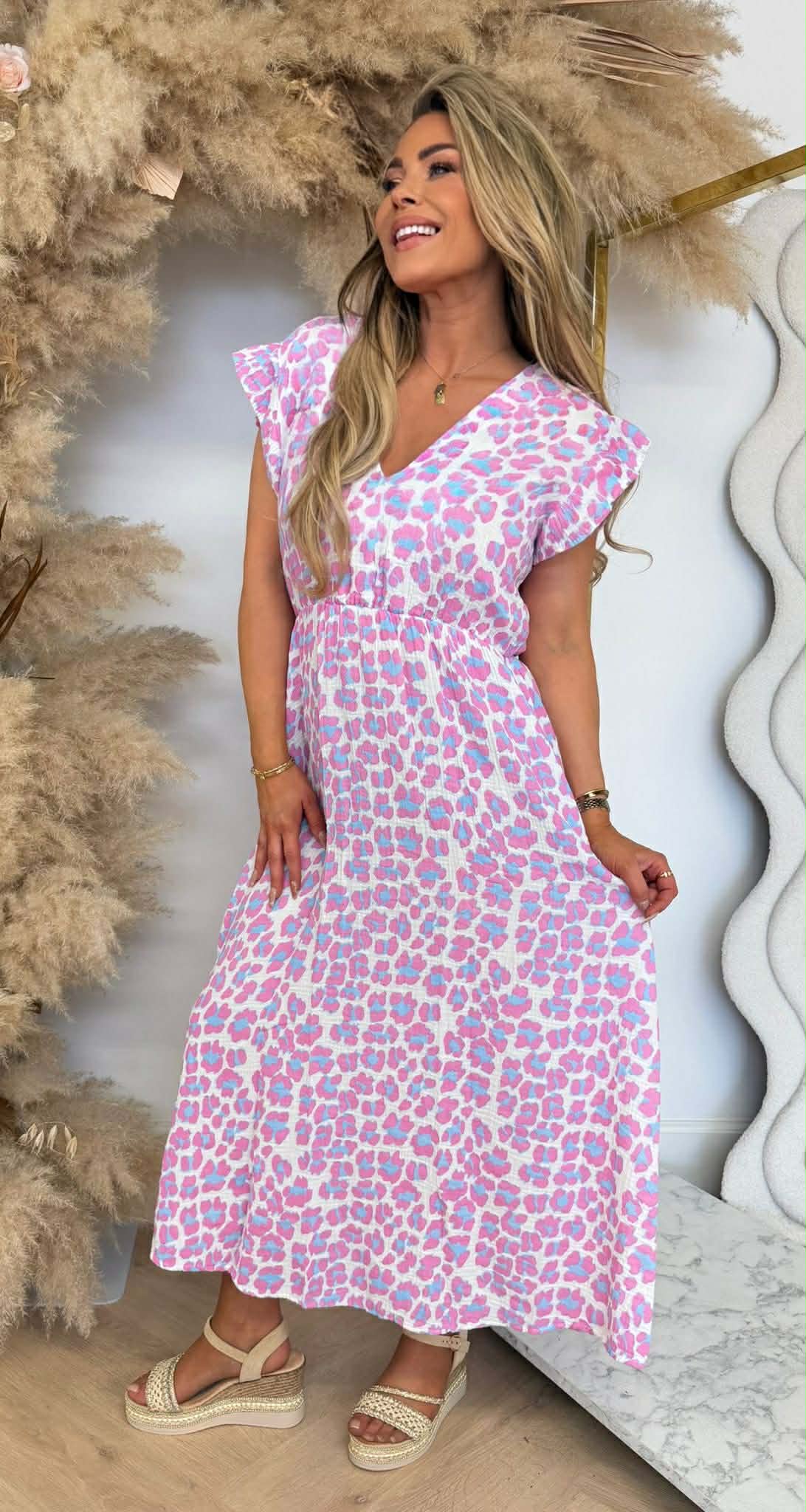 COTTON RUFFLE PRINT DRESS PINK/LEO