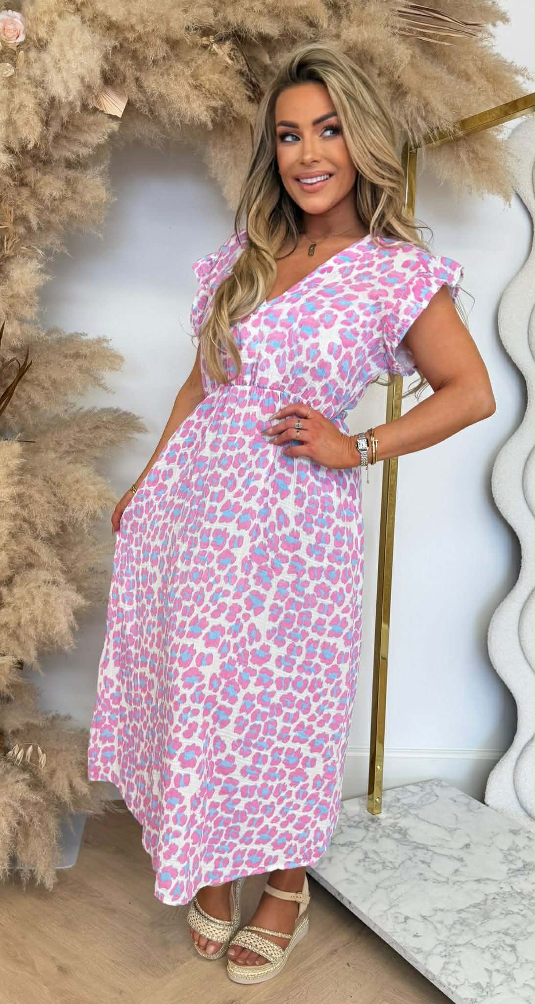 COTTON RUFFLE PRINT DRESS PINK/LEO