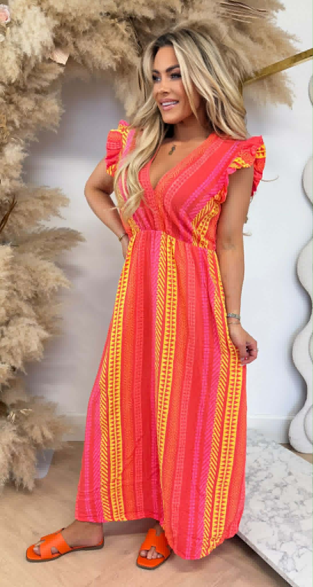 BAUMWOLL-RÜSCHENKLEID MIT PRINT LEO/CREME
