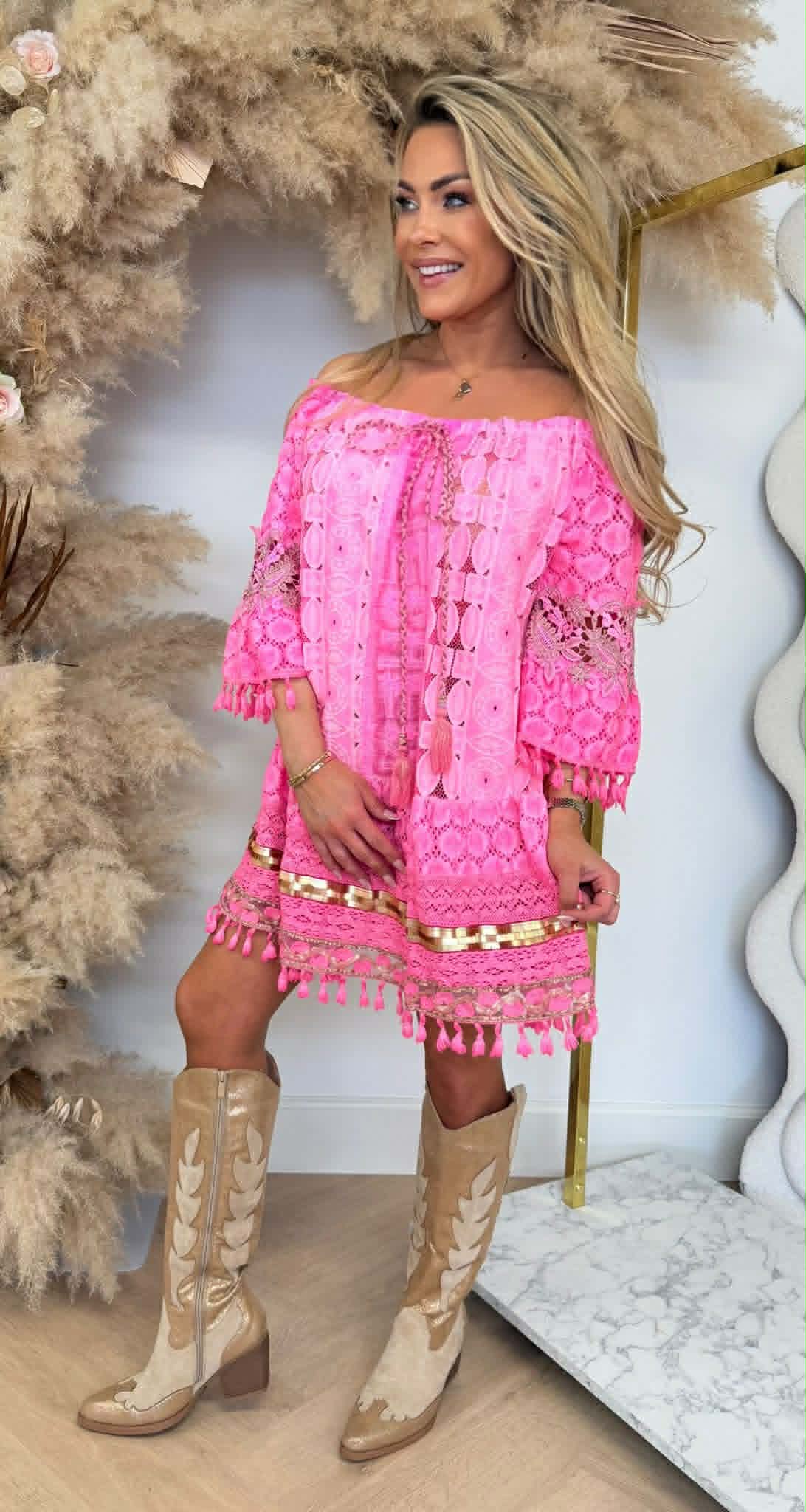 EVA LACE DRESS NEONPINK