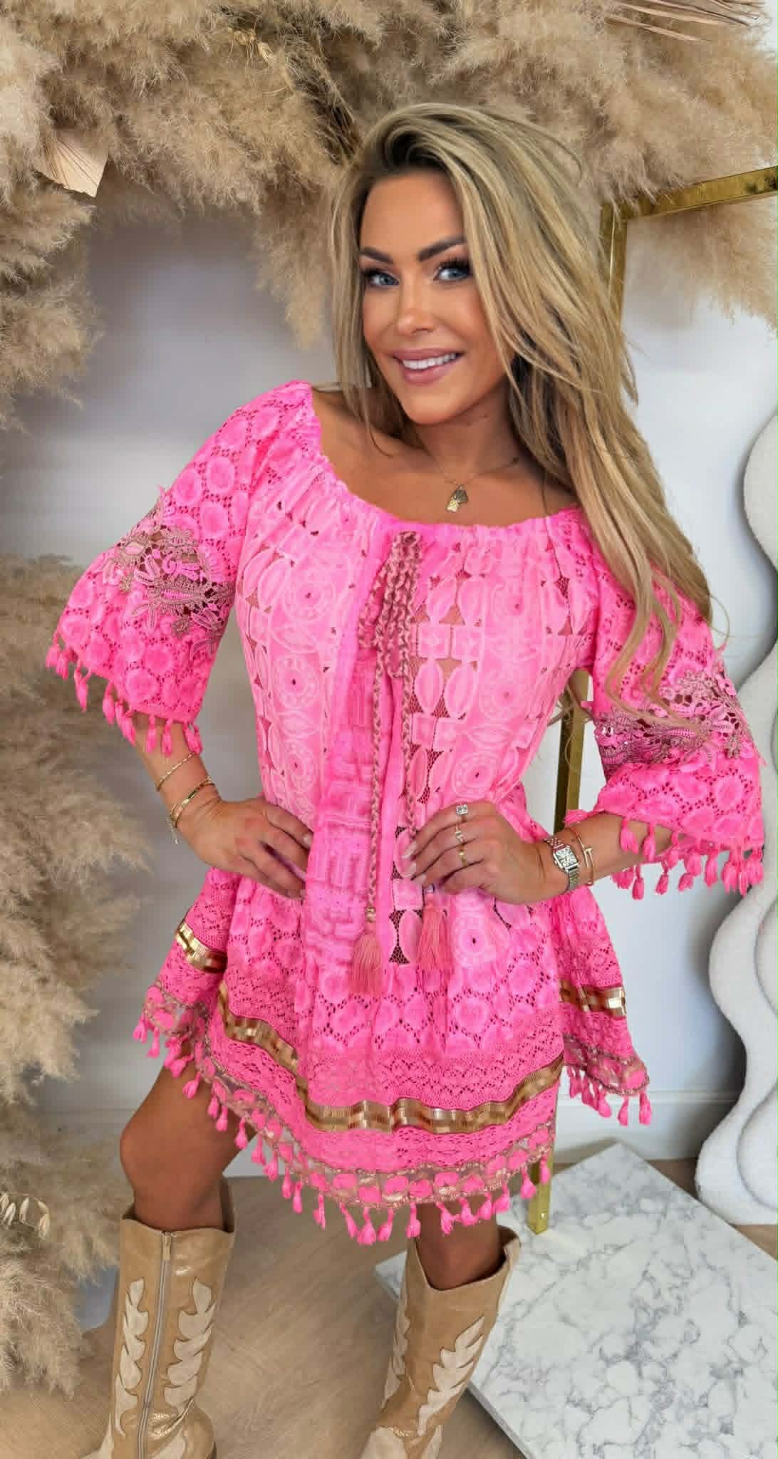 EVA LACE DRESS NEONPINK