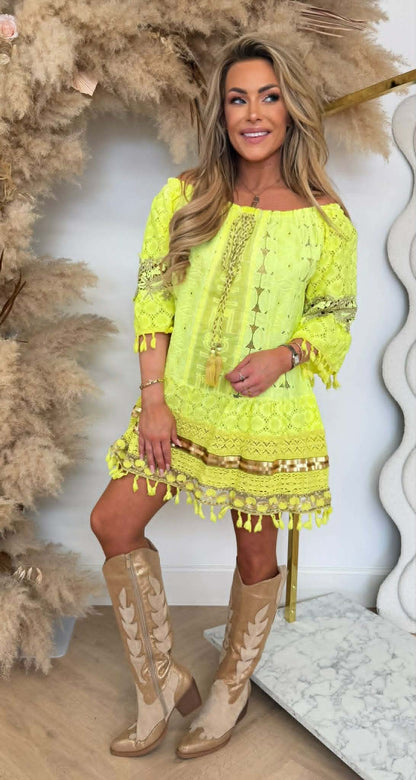 EVA LACE DRESS NEONYELLOW