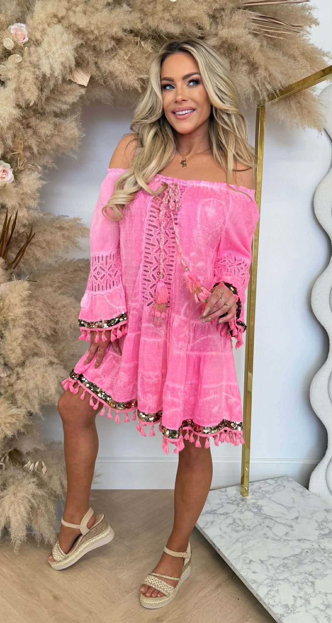 IBIZY SEQUIN DRESS NEONPINK