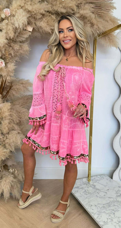 IBIZY SEQUIN DRESS NEONPINK