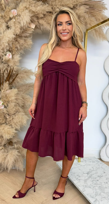 ANNA BASIC RUFFLE DRESS WINE