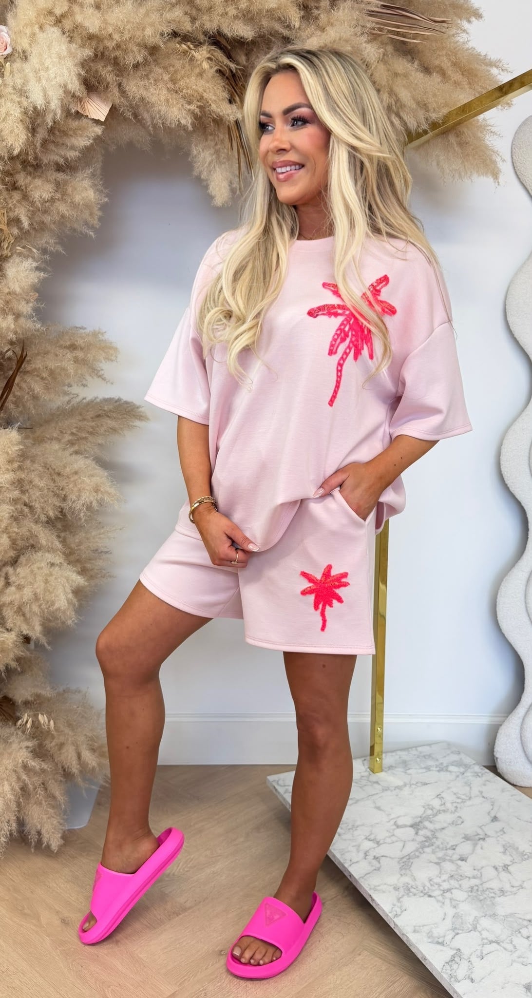 KNITTED PALMTREE SHORT SET LIGHTPINK