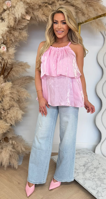 SHINY ROUCHE PLISSE TOP PINK