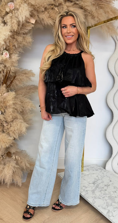 SHINY ROUCHE PLISSE TOP BLACK