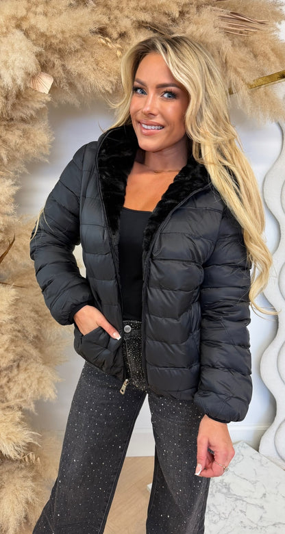 REVERSIBLE FAKE FUR PUFFER JACKET 9569 BLACK
