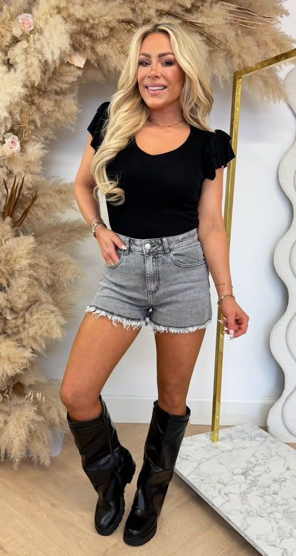RUFFLY V NECK TOP 8797 BLACK