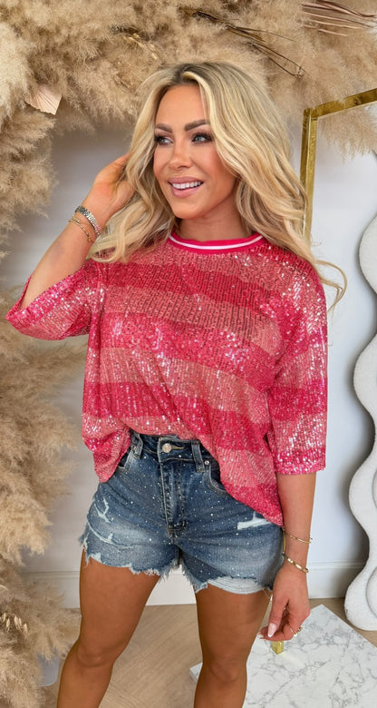 GLITTER STRIPE TEE RED/PINK