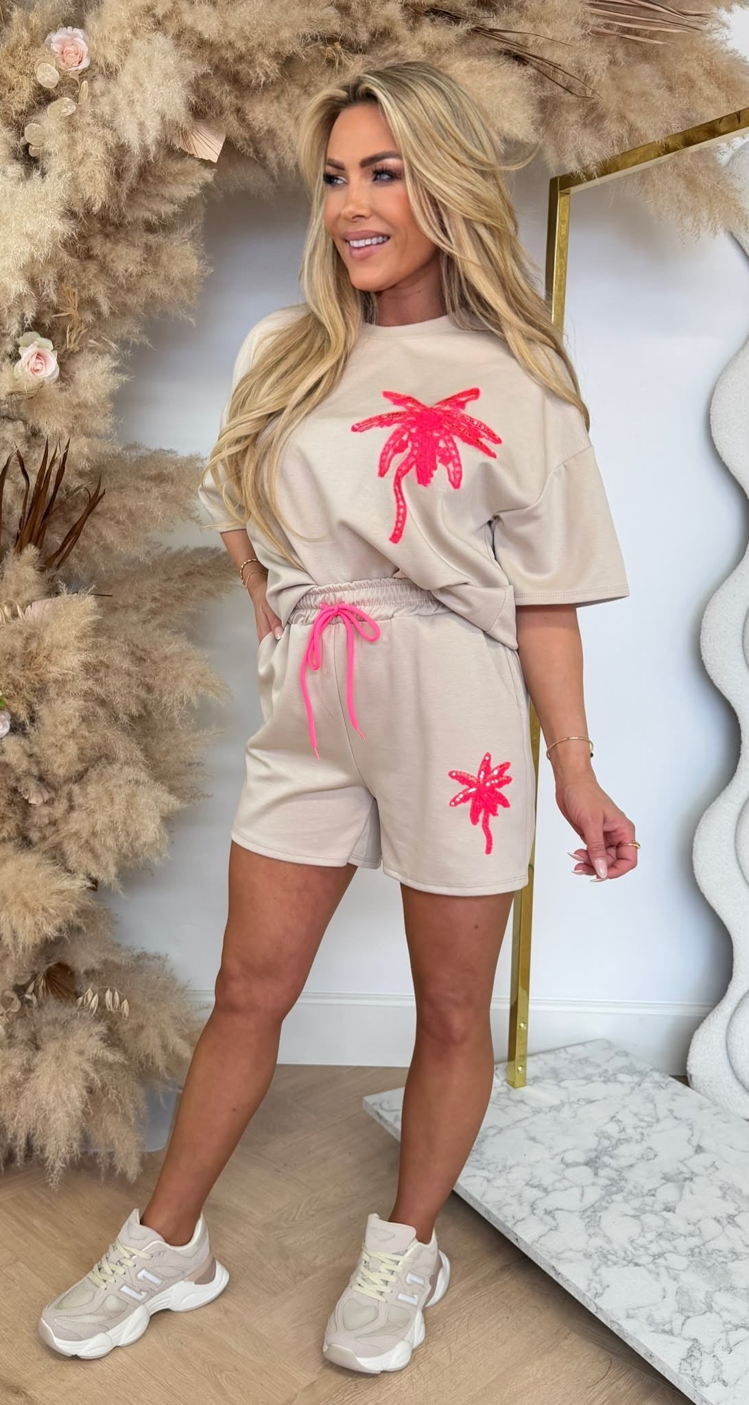 KNITTED PALMTREE SHORT SET BEIGE