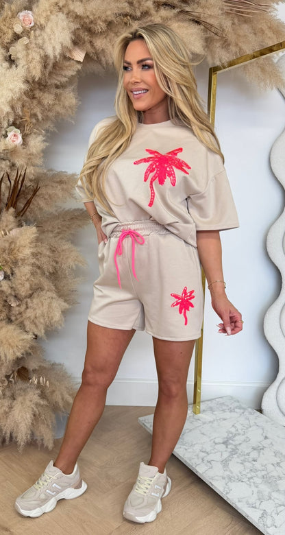 KNITTED PALMTREE SHORT SET BEIGE