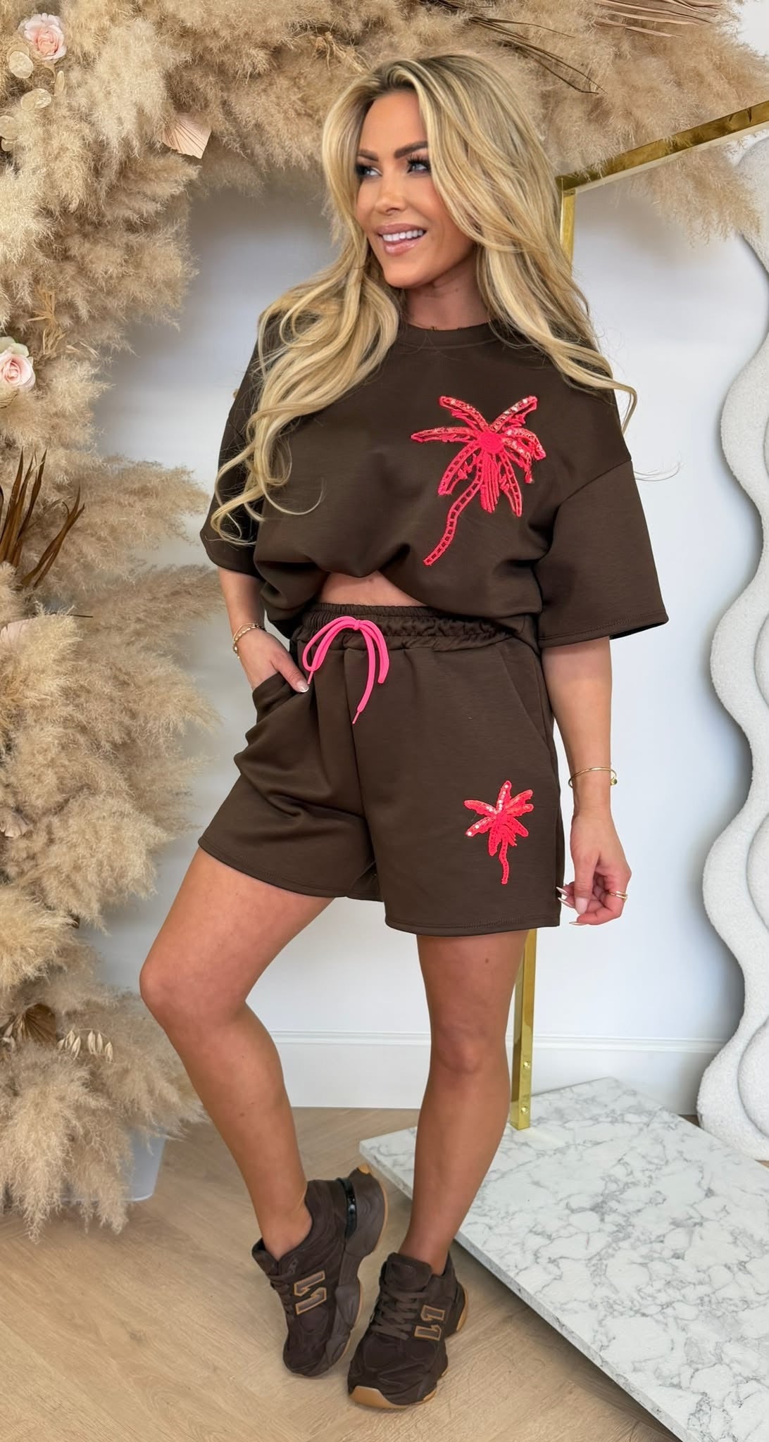 KNITTED PALMTREE SHORT SET CHOCO