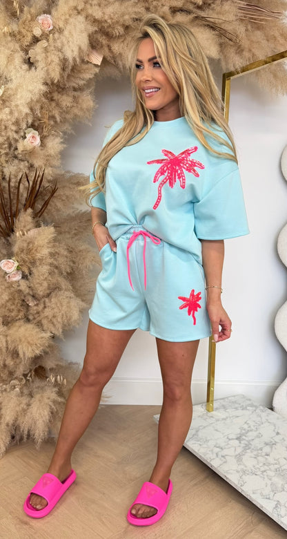KNITTED PALMTREE SHORT SET AQUA