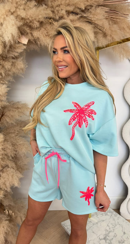 KNITTED PALMTREE SHORT SET AQUA