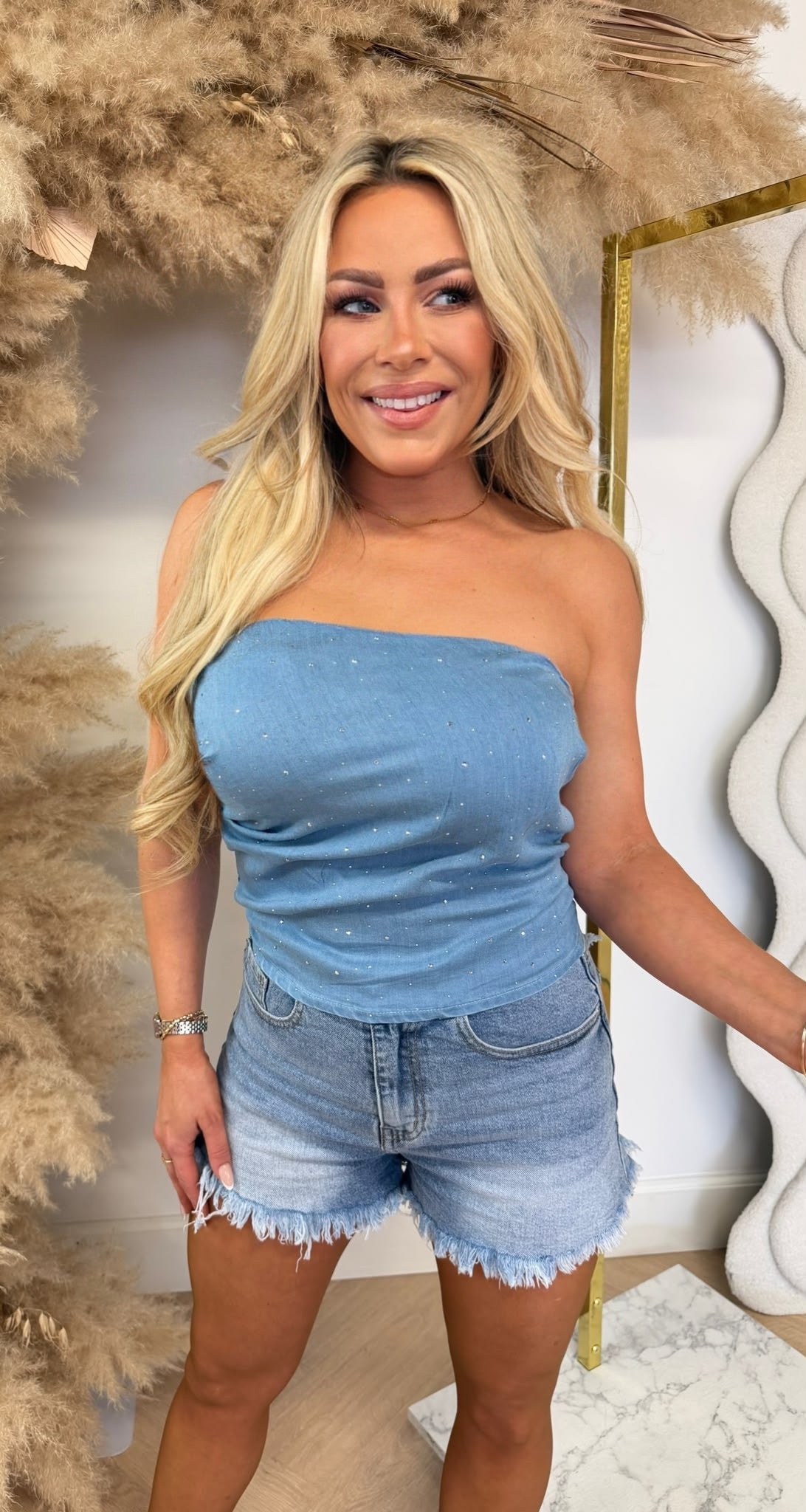 STRAPLESS GLITTER DENIM TOP R787 JEANSBLUE