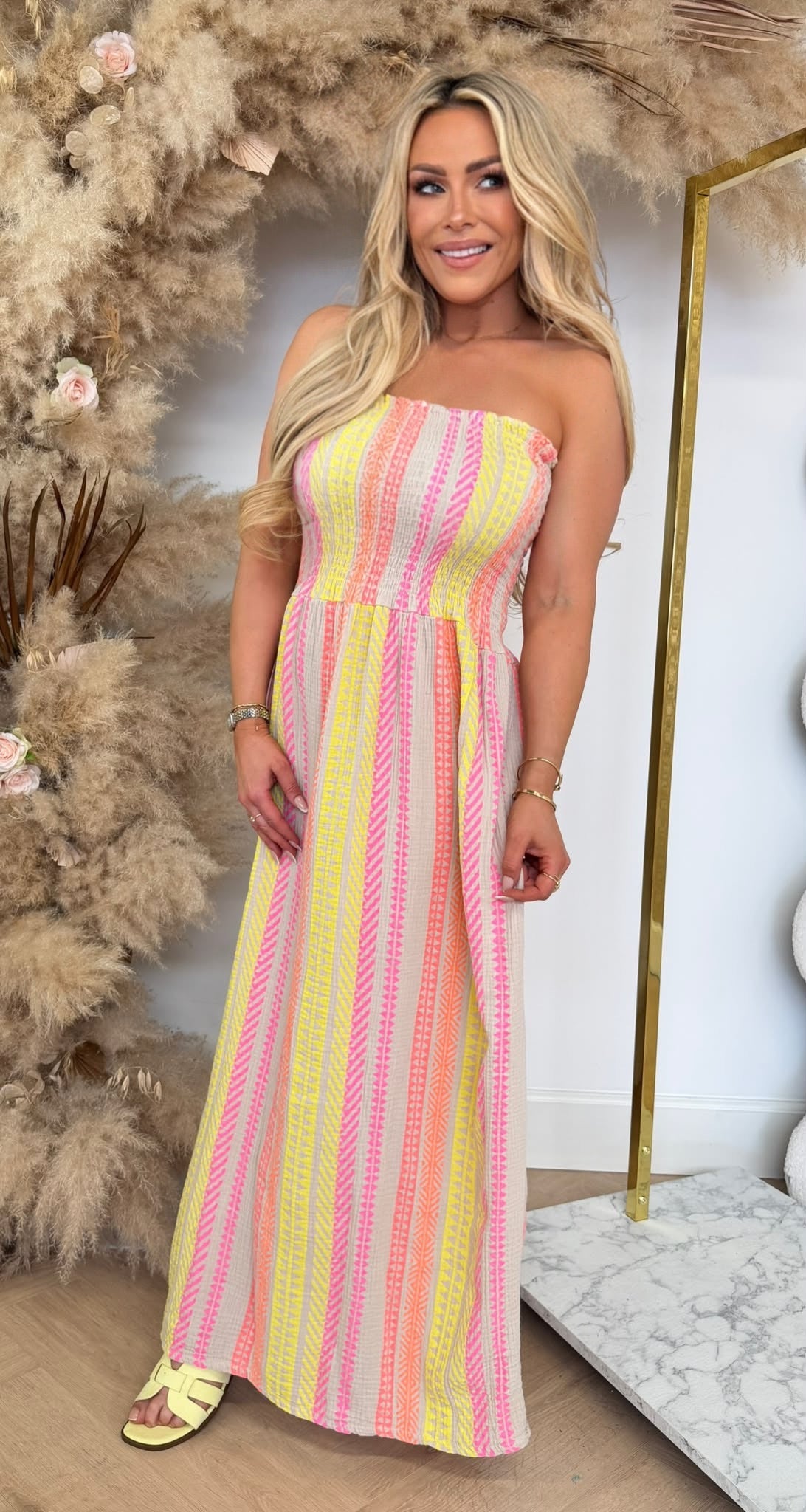 STRAPLESS SUNNY PRINT DRESS BEIGE