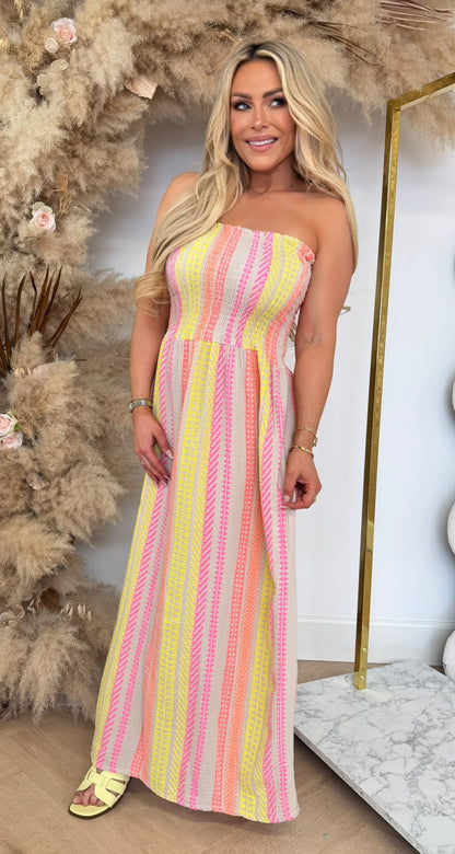 STRAPLESS SUNNY PRINT DRESS BEIGE
