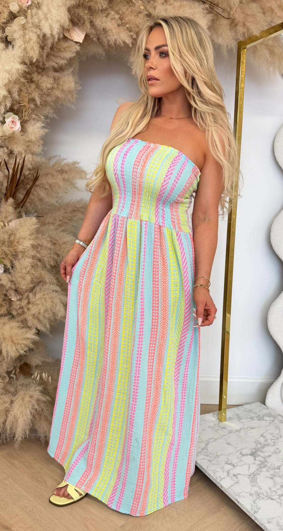 STRAPLESS SUNNY PRINT DRESS LIGHTBLUE