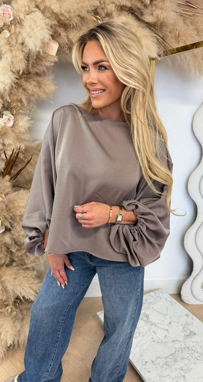 SOEF GLANS VLEERMUIS TOP TAUPE