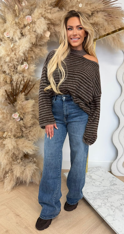 OPEN SHOULDER STRIPE SWEAT CHOCO