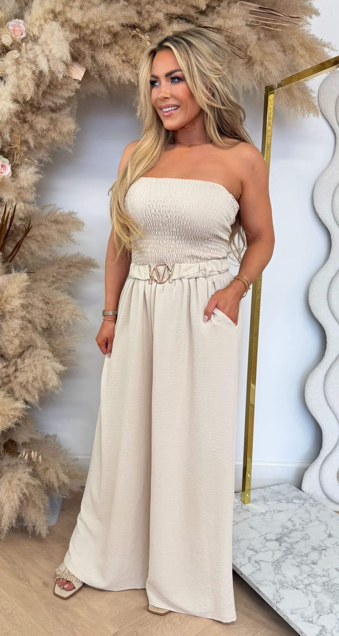 SANDY BELT STRAPLESS JUMPSUIT BEIGE