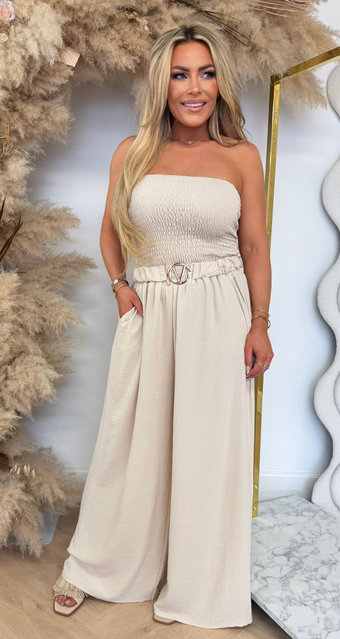 SANDY BELT STRAPLESS JUMPSUIT BEIGE