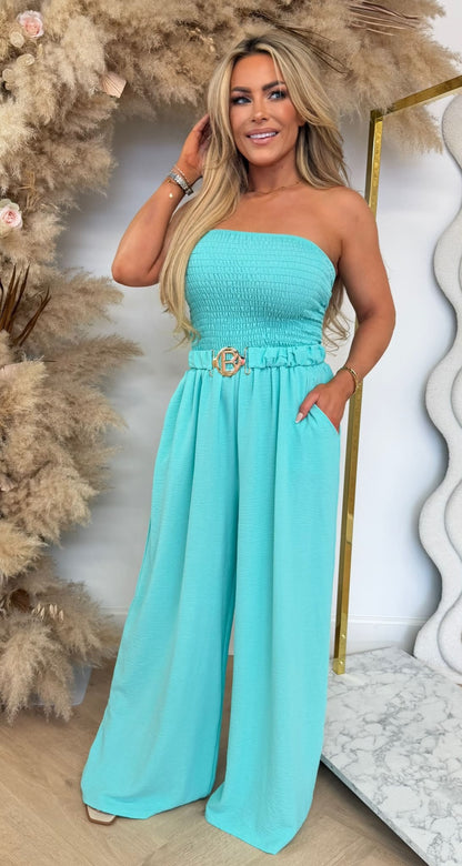 SANDY BELT STRAPLESS JUMPSUIT AQUA