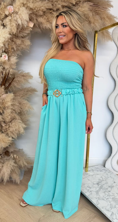 SANDY BELT STRAPLESS JUMPSUIT AQUA