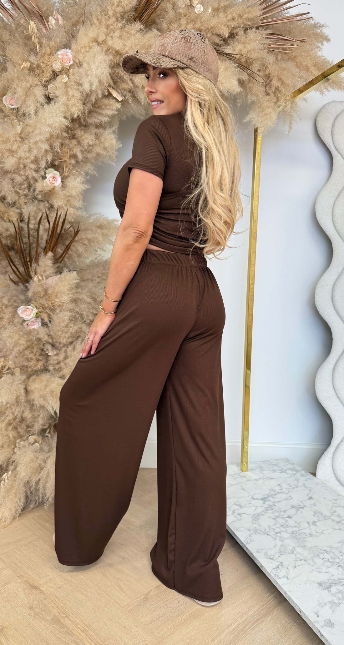 CROPPED RIBBED SET CHOCO