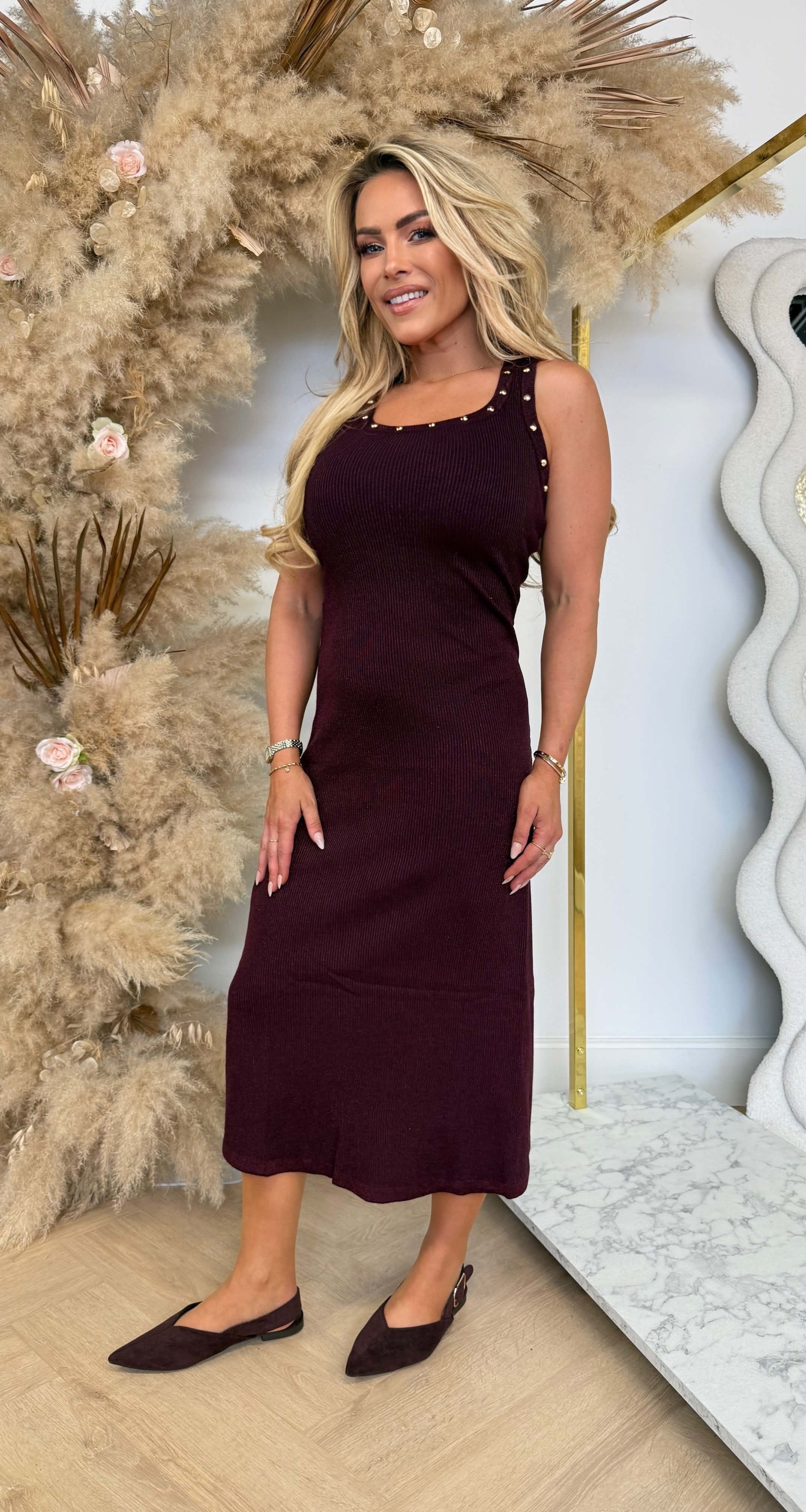 BUTTON SPARKLE STRETCH LONG DRESS 2938 BORDEAUX