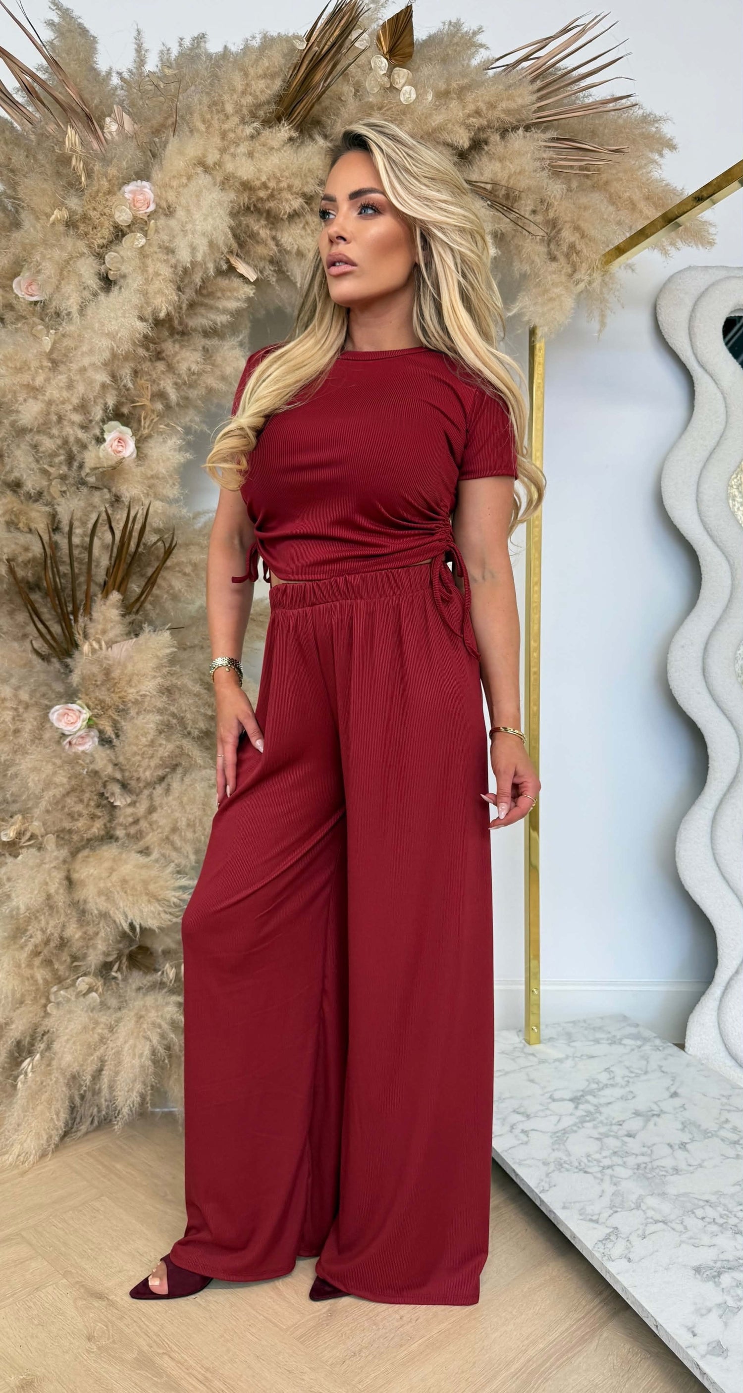 CROPPED RIBBED SET BORDEAUX