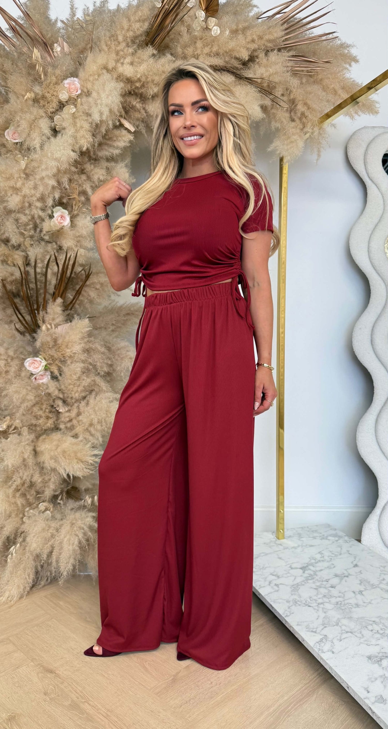 CROPPED RIBBED SET BORDEAUX
