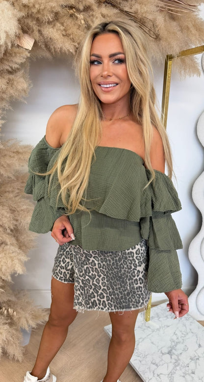 COTTON RUFFLE TOP ARMYGREEN