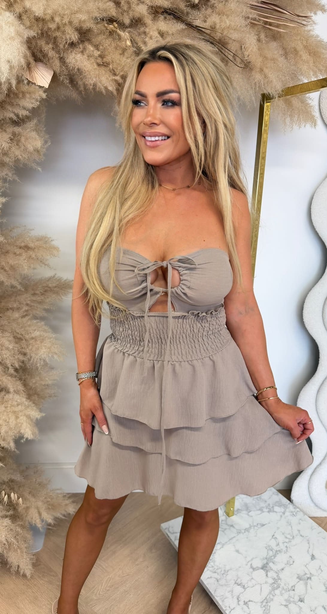 MARIEKE RUFFLE MINI DRESS TAUPE
