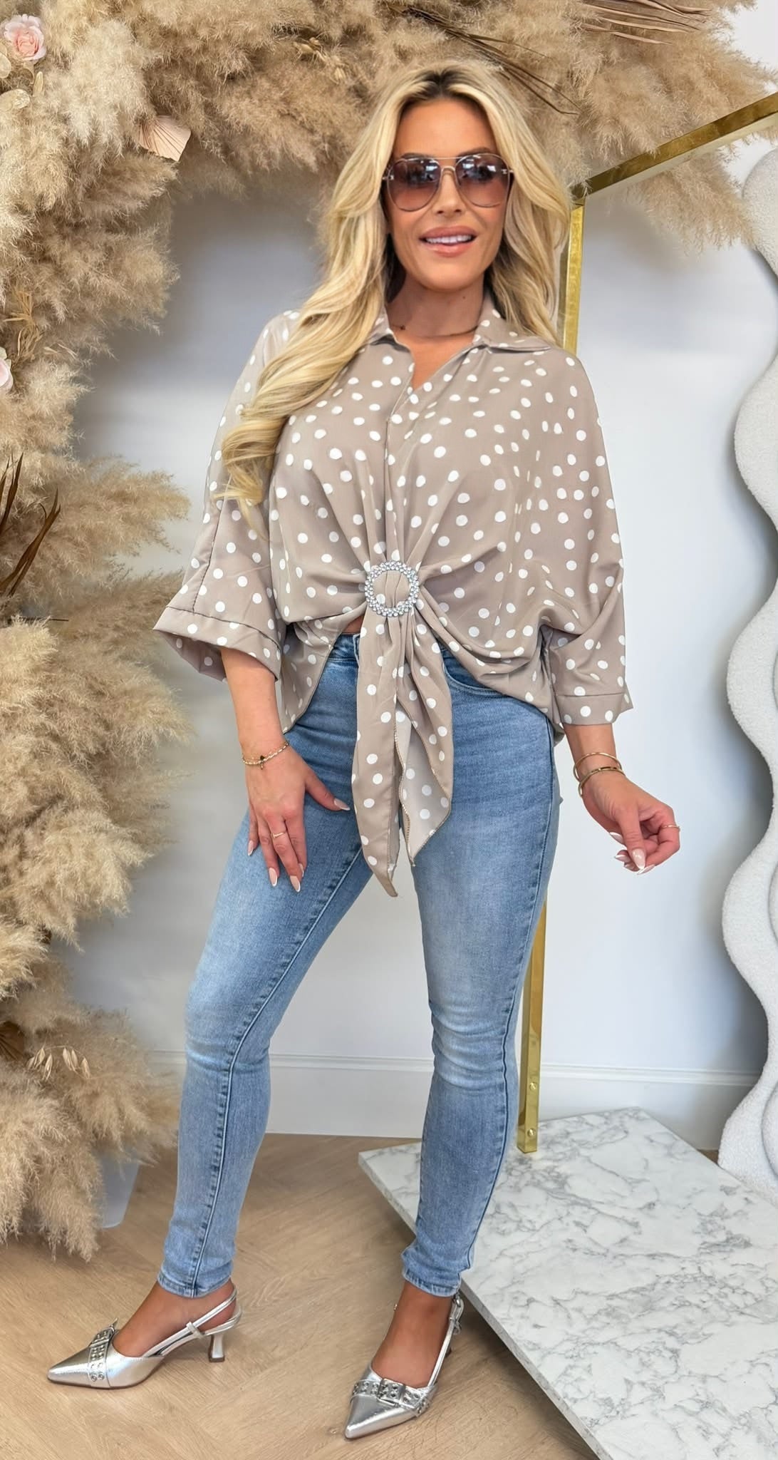 KNOT DETAIL DOTS BLUSE BLAU