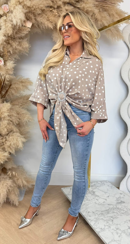 KNOT DETAIL DOTS BLUSE BLAU