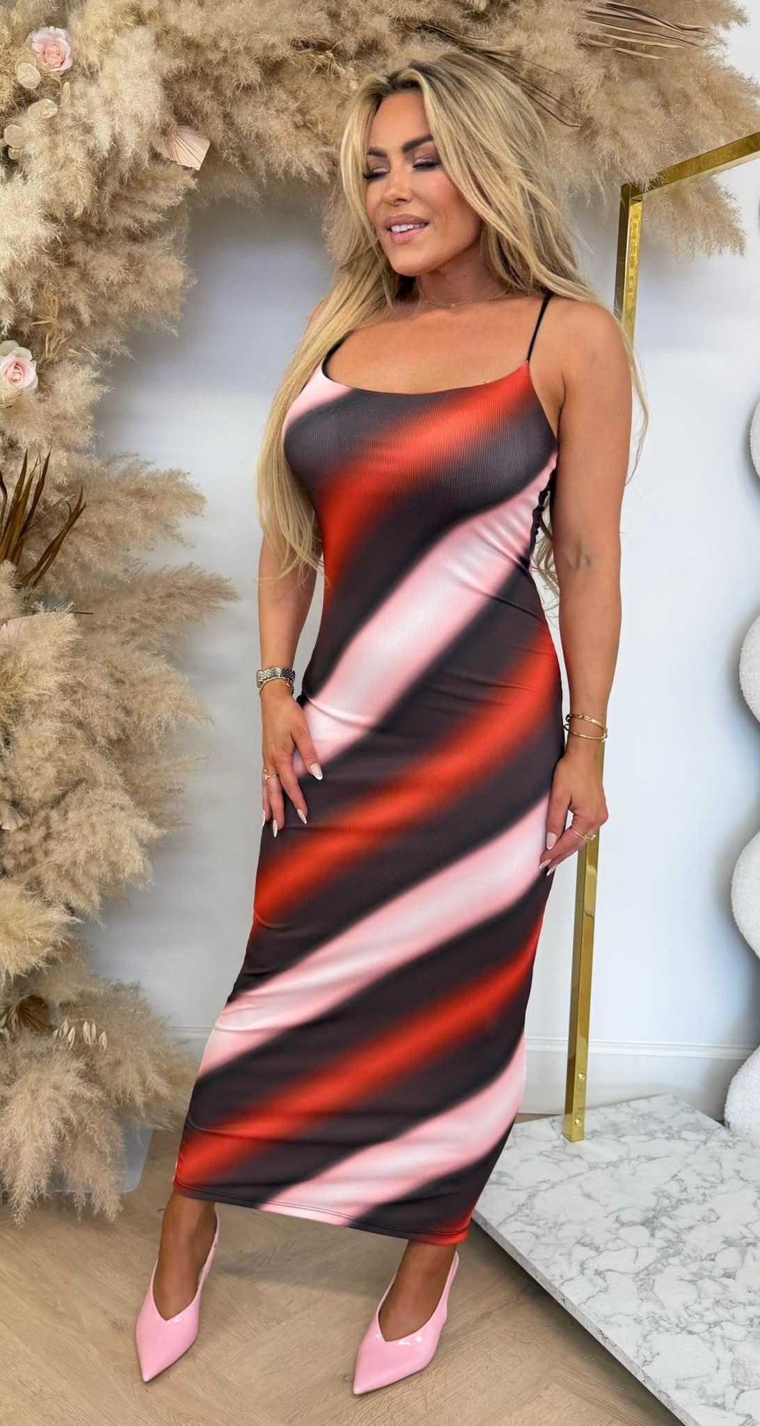 ELISE COLOURY SPAGHETTI DRESS PINK/BLACK