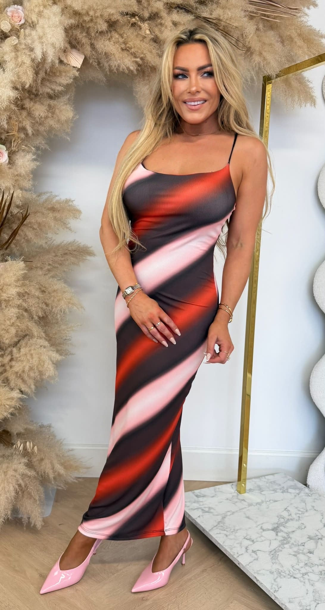 ELISE COLOURY SPAGHETTI DRESS PINK/BLACK